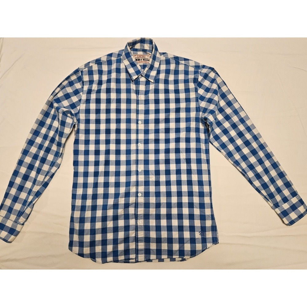 Esprit Men's XXL Blue White Plaid Button Up Shirt Long Sleeve Cotton